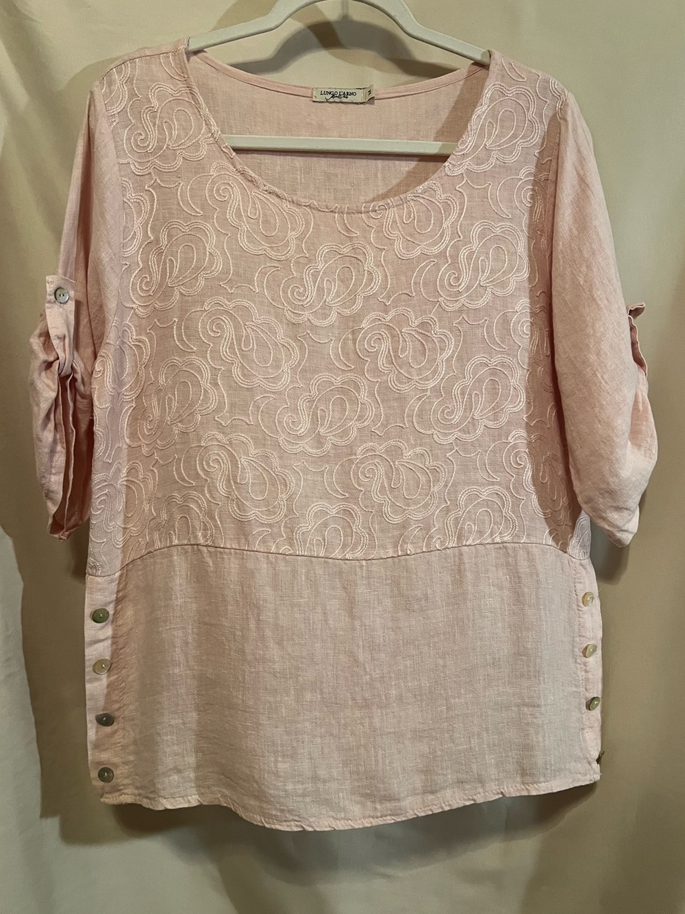 Lungo L’Arno Light Pink Embroidered Linen Blend Women's Top Size M